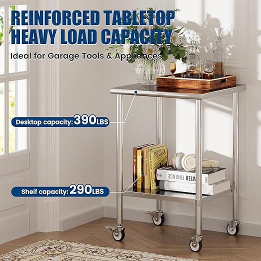 Stainless Steel Work Table with Wheels, 24x24 Inch NSF Kitchen Prep Table with Adjustable Undershelf for Commercial Restaurant, Garage, Outdoor BBQ