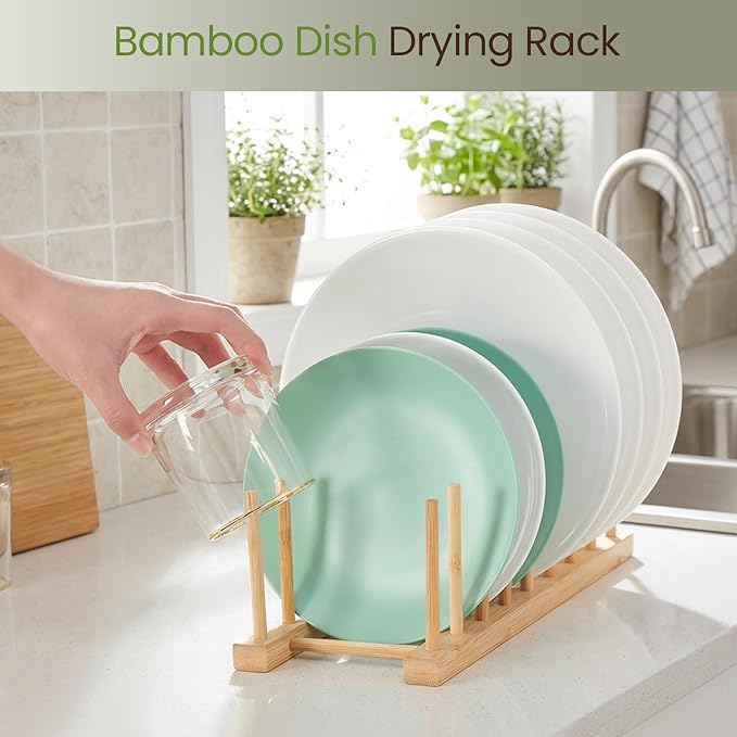 Bamboo Wooden Dish Rack-Plate Pot Lid Cutting Board Organizer Holder Rack for Cabinet-Kitchen Cabinet Organizer for Dish, Pots, Lids, Bowls, Bottles, Books, and Puzzle