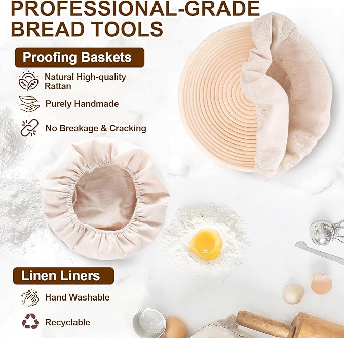 Sourdough Starter Kit, Banneton Bread Proofing Basket Set, 9" Round Proving Basket, Complete Sourdough Bread Baking Supplies and Tools, Bread Making Kit - Gift for Bakers Men Women