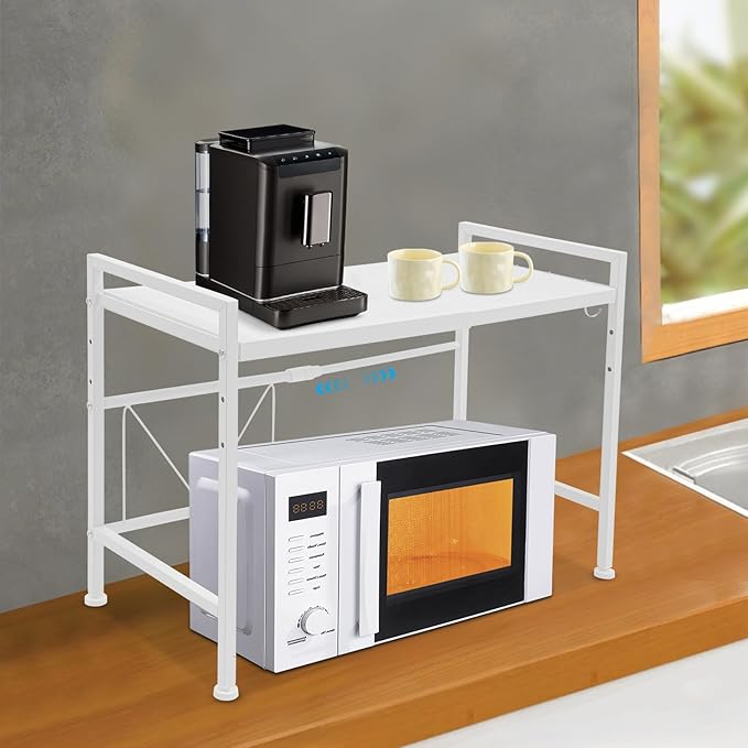 2 Tier Microwave Oven Rack, Adjustable Shelf with 3 Hooks, Microwave Stand with Storage, Toaster Shelf Heavy Duty Stand Kitchen Counter Top Organizer for Kitchen (white)