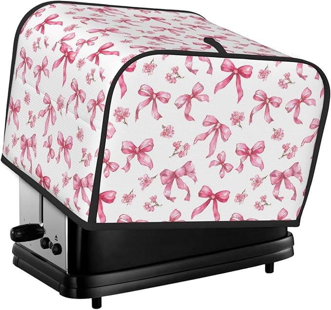 4 Slice Toaster Cover for Kitchen Pink Flower Bow Pattern Waterproof and Dustproof Toaster Dust Cover with Side Pockets Decorative Universal Cover for Wide Slot Toasters and Small Appliances