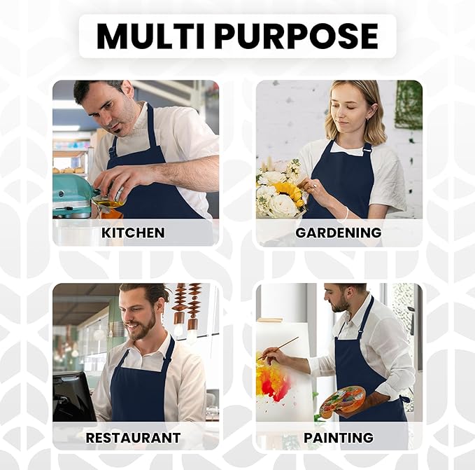 Adjustable Bib Apron 100% Polyester Kitchen Aprons Waterdrop Resistant Aprons with Adjustable Strap, Pockets & Long Ties