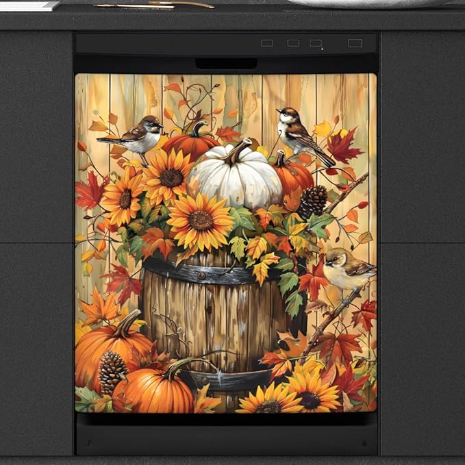 Autumn Birdie Pumpkin Dishwasher Magnet Cover, Reusable Refrigerator Panel Stickers Microwave Front Door Covers Magnets for Kitchen Home Appliances Holiday Party Decorations 23 X 26 in