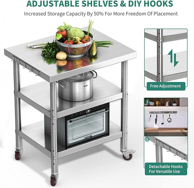YITAHOME NSF Stainless Steel Table, 36" X 24" Worktable with Wheels, 3 Shelves Metal Prep Workstation for Home Kitchen Restaurant Garage Warehouse Outdoor