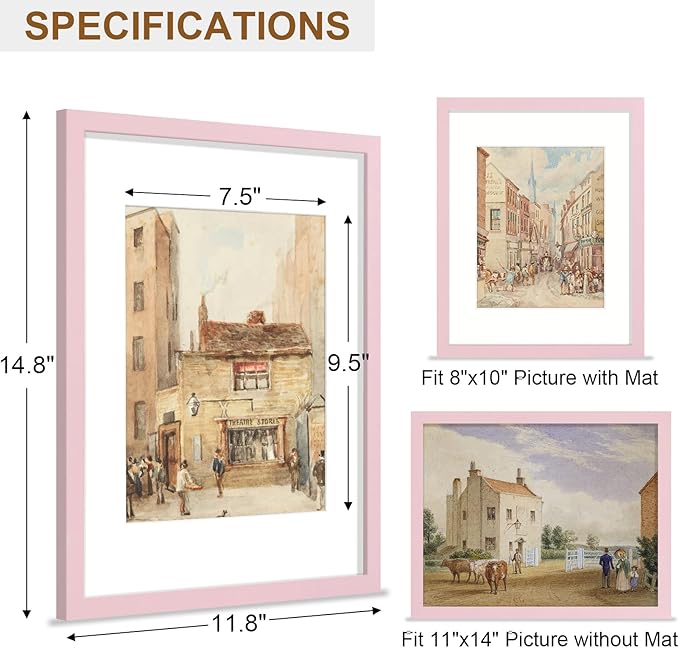 Vittanly 11x14 Picture Frame, Solid Wood Frame with Plexiglass, Includes 8x10 Mat, Wall Hanging for Photos, Home Decor, Pale Pink, 1 Pack
