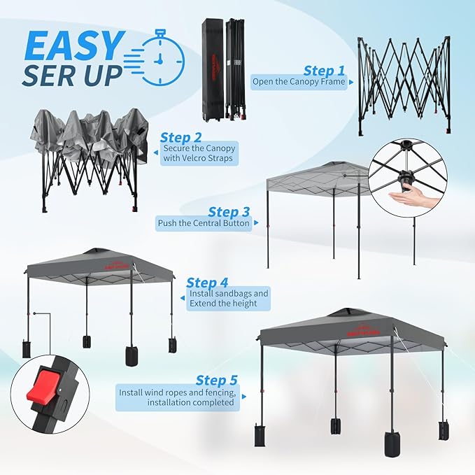 10x10 Pop Up Canopy, Easy Up Canopy Tent, Heavy Duty Tents for Parties, One Person Set Up Event Tent, Light Grey