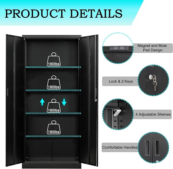 CJF Metal Storage Cabinet, 72" H Locking Storage Cabinet with Adjustable Shelves, Steel Cabinets for Garage, Office, Home, School-Black