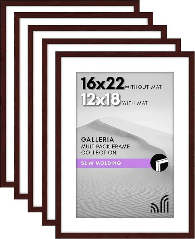 Americanflat 16x22 Picture Frame with Polished Plexiglass - Set of 5 - Use as 12x18 Frame with Mat or Display 16x22 Photo Without Mat - Galleria Collection - Picture Frames for Wall Display - Mahogany