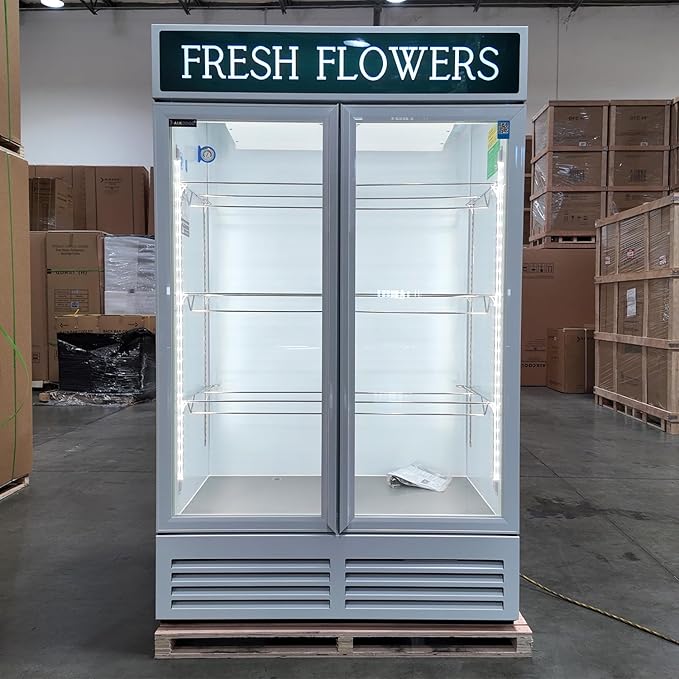 Commercial Flower Refrigerator Floral Display Cooler,White 2 Glass Doors Fridge With LED Light Adjustable Shelves,ETLSanitation Approval,42.5Cu Ft,47.2" Wide, Wheels Included