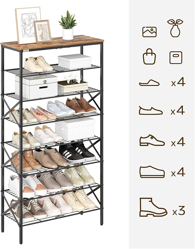8 Tier Shoe Rack, Shoe Storage Organizer, Large Capacity Shoe Shelf Holds 32 Pairs of Shoes, Sturdy and Stable, for Entryway, Hallway, Closet, Dorm Room, Rustic Brown SS08BR