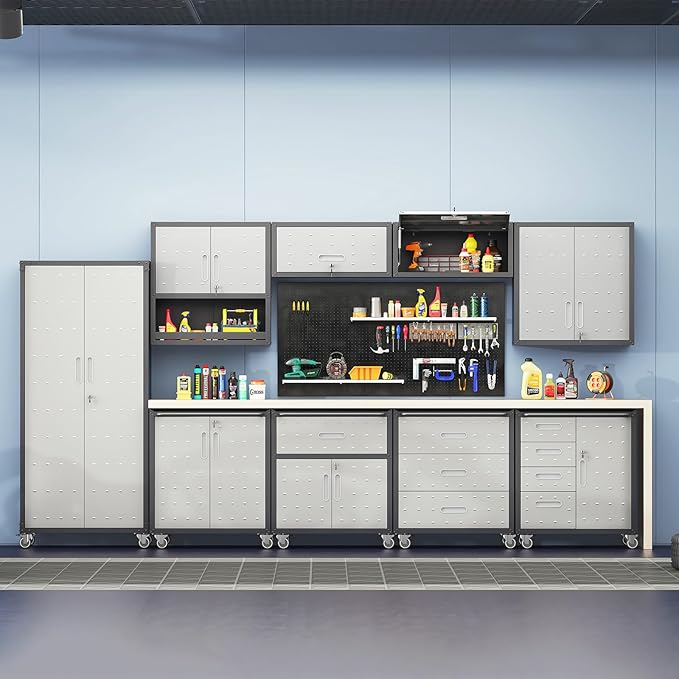 Tall Metal Storage Cabinet with Wheels Heavy Duty Large Metal Garage Cabinets with Adjustale Shelves Lockable Rolling Tool Cart for Warehouse Basement Kitchen, Assembly Required