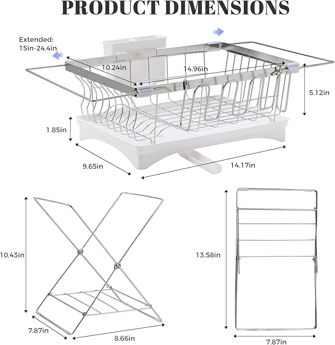 Expandable 2-in-1 Countertop & Sink Dish Drying Rack for Kitchen Counter, Stainless Steel Dish Drying Rack with Drain Board and Multi-Functional Kitchen Rack, Large Dish Rack Inside Sink