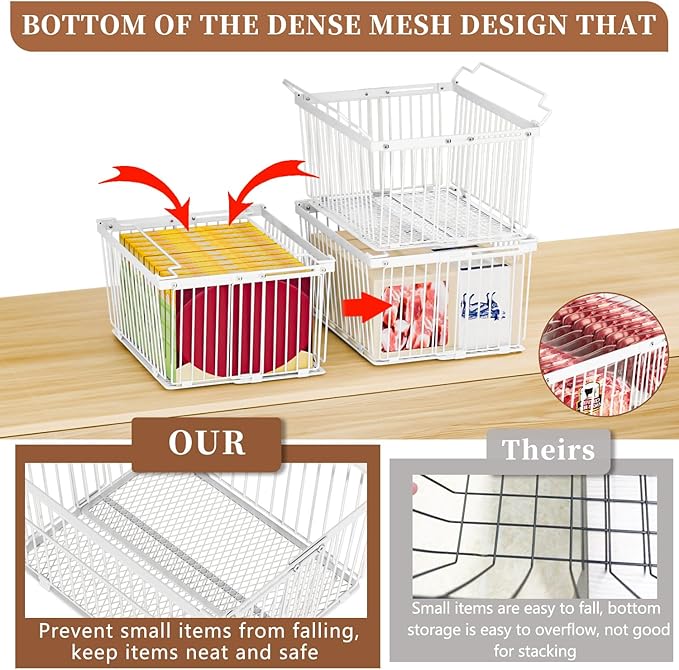 Large Freezer Organizer Bins，Upgraded Bottom Leak-Proof net，Fit 5 to 9 Cu Ft Chest Freezer，5 Pack， Expandable Stackable Chest Freezer Containers with Handle (White-5P)