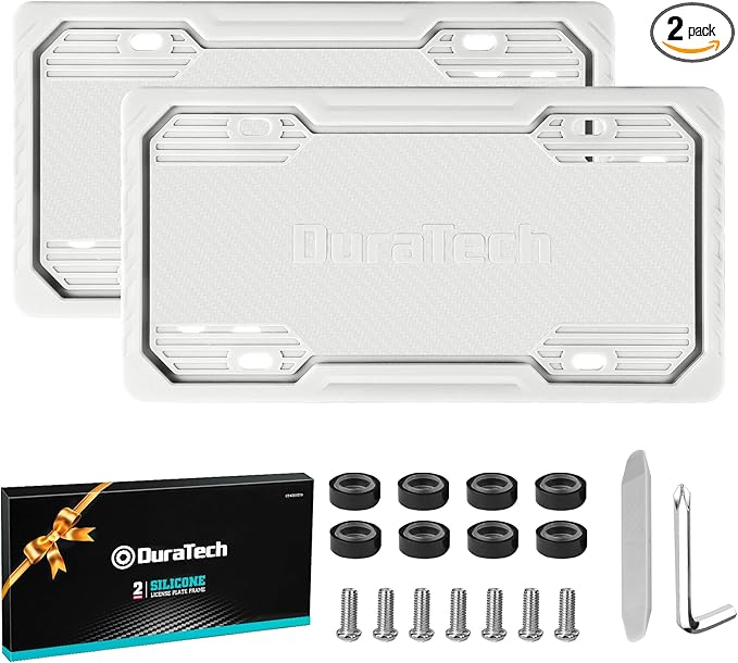 DuraTech Silicone License Plate Frames, Rust Proof Plate Cover for Car, Rattle Proof Plate Protector with Installation Tool Kits, Waterproof License Plate Holder for Extreme Weather (2Pc, Grey)
