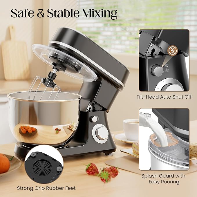 800W Stand Mixer with 5.3QT Stainless Steel Bowl - 6+P Adjustable Speed Electric Kitchen Mixer with Dough Hook, Whisk & Beater, Tilt-Head & Non-Slip Design- Black (YD-385NS)