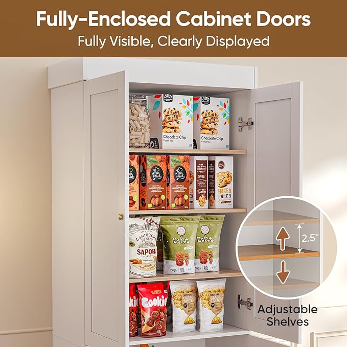 70.8" Tall Farmhouse Kitchen Pantry Cabinet with Doors, Modular Storage Cabinet with 4-Tier Adjustable Shelves, White, Wooden Hutch for Living Room, Kitchen, Set of 2