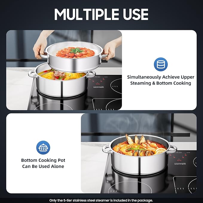 5 Tier Stainless Steel Steamer Pots Stackable Pan Steamer Cooking Pots Steam Canner with Lid Cookware Steaming Pots for Kitcken (28CM)