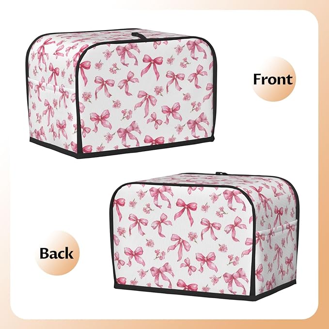 2 Slice Toaster Cover for Kitchen Pink Flower Bow Pattern Waterproof and Dustproof Toaster Dust Cover with Side Pockets Decorative Universal Cover for Wide Slot Toasters and Small Appliances