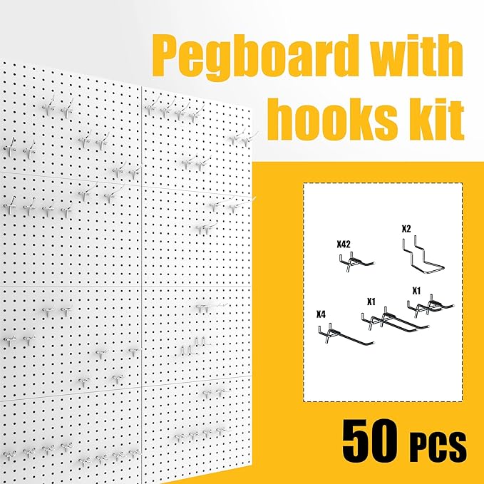Peg Board, 8 Pack Metal Pegboard Panels with 50 Hooks, White Pegboards Wall Organizer, Peg Board for Walls Home, Garage Tool Storage, Office Organization, Craft Room,Christmas Gifts