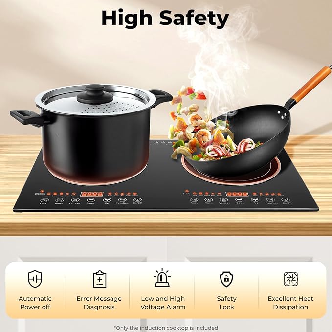 Double Induction Cooktop, 1200W+1200W Electric Cooktop with LED Display and Timer, Built-in and Countertop Stove Top for 4.72-9.65 inches Diameter for Home Kitchen, Flat, Restaurant
