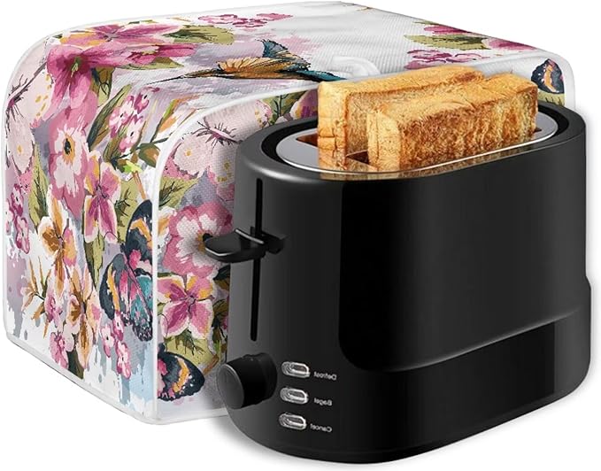 Hummingbird Flower Print Toaster 4 Slice Cover Stain Resistant Bread Maker Cover Dust Fingerprint Protection Kitchen Home Decor