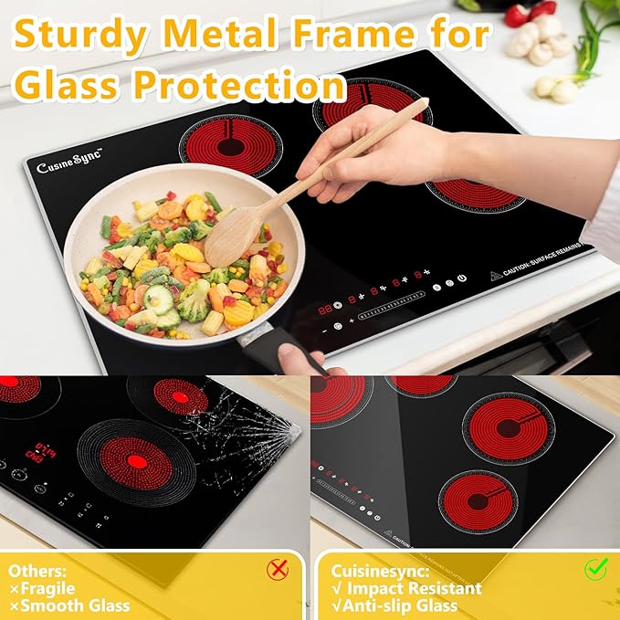 30 Inch Built-In Radiant Electric Cooktop, 4 Burner Smoothtop Stove Top with Expandable Dual Zone, 7200W 240V Hardwired Touch Control, 9 Power Levels, Timer, Child Lock & Hot Surface Indicator