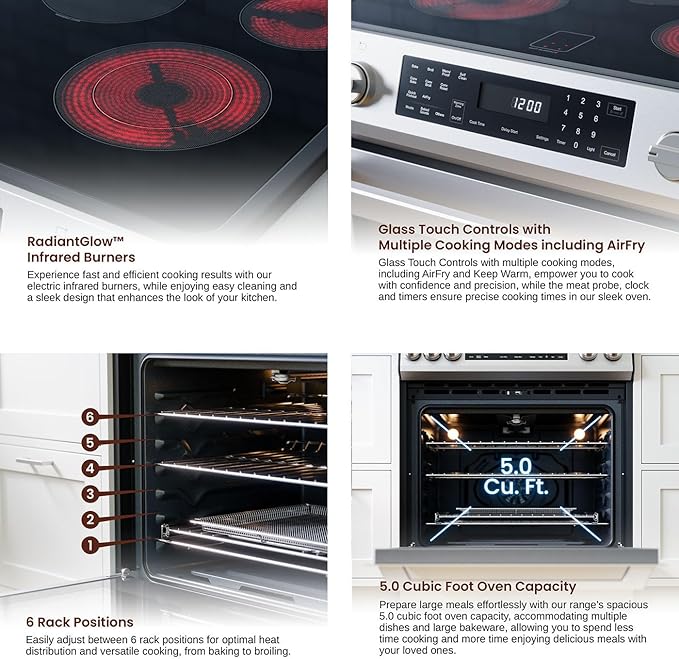 Rangaire RRE303GS 30" Glass Touch Electric Range Oven - Stainless Steel, Infrared Stove Burners, True Convection, Self Cleaning, Easy Reach Racks