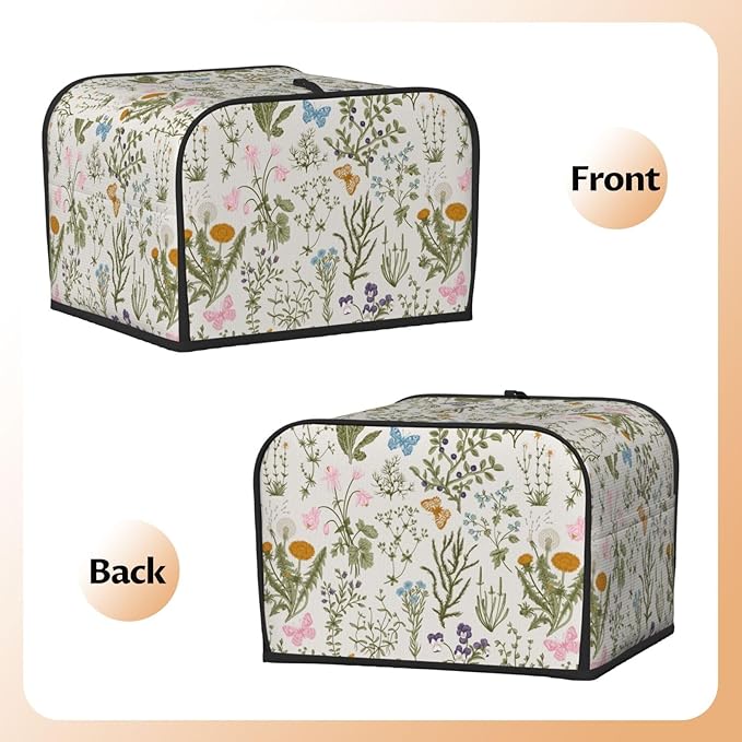 Vintage Flower Wild Herb Floral 4 Slice Toaster Cover, Waterproof Toaster Dust Bread Maker Protective Cover For Small Kitchen Appliance Dining Room Table Home Decor Gifts