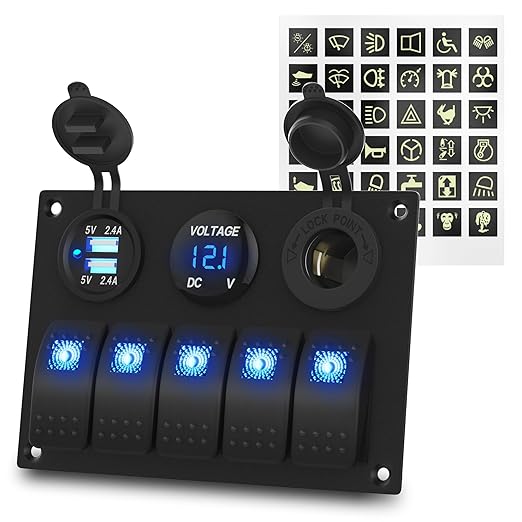 Waterproof Marine Switch Panel, 5 Gang Rocker Switch Panel 12V/24V Aluminum for Boat, 4.8A Dual USB Port, Cigarette Lighter Socket, LED Voltmeter, Pre-Wired 12 Volt Switch Panel for RV, Truck, Yacht