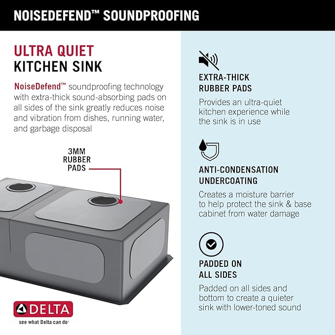 DELTA FAUCET Delta Lenta 32-inch Undermount 16 Gauge Stainless Steel Double Bowl Kitchen Sink with Accessories, 953034-32D6-SS, Satin, 32 Inch - Double Bowl