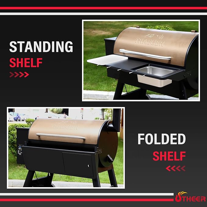 Utheer Upgraded Folding Front Shelf for Traeger Pro 34 Series, Century 885, Texas Elite 34, 37"x12" Heavy-Duty BBQ Prep Table with Cutting Board, Basin, 5 Hooks, 60-LB Load Steel Folding Grill Shelf