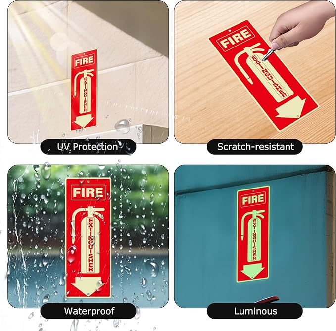 6 Pack Fire Extinguisher Signs 10 × 4 Inches Glow in the Dark Aluminum Sign Waterproof UV Protected Fade Resistance Signage for Home Office Business