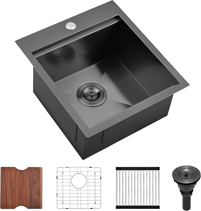 Scamall 17x19x9 Drop In Kitchen Sink Workstation, Nano Black 304 Stainless Steel Deep Single Bowl with Quick Drainage & Tarnish-Free Surface for Bar, Laundry, RV, Includes Accessories