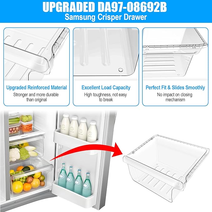UPGRADED DA97-08692B Refrigerator Crisper Drawer Compatible with Samsung Fridge Drawer Replacement RS25J500DSG RS25J500DSR RS261MDRS RS25H5000SR Drawer for DA97-08692A Samsung Refrigerator Drawer