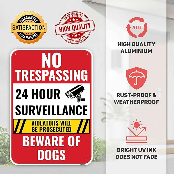 2PC 24 Hour Surveillance Sign, 14 x 10 Inches - Aluminum - Beware Of Dog Private Property No Trespassing - Security Camera Metal Warning Sign