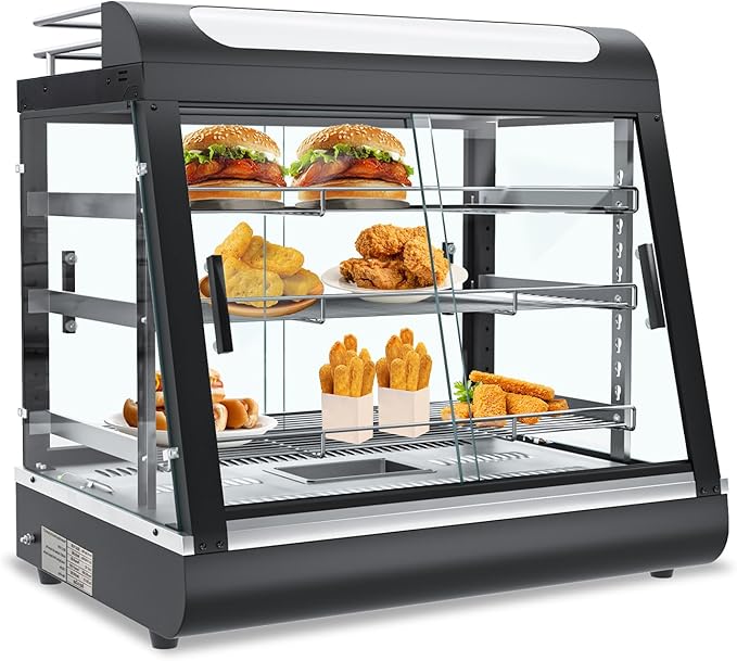 27 inch Commercial Food Warming Cabinet, 3 Tier Countertop Heated with Top Rack for Pizza/Pretzel, Three Color, Temper Glass, w/Thermometer Adjustable Thermostat for Cafe Kitchen Restaurant