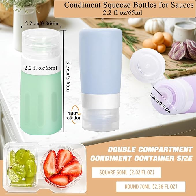 16Set Double Compartment Snack Containers with Lids,Snack Pack Containers for Kids & Adults, 4pcs Silicone Condiment Squeeze Bottles,Leakproof Sauces Container, Salad Dressing Container