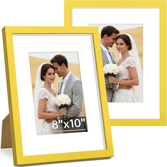 Vittanly 8x10 Picture Frame Set of 2, Solid Wood Frame for Wall or Tabletop, Display Photo 5x7 with Mat or 8x10 without Mat, Yellow