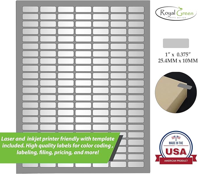 Sticker Label Sheets Bulk Printable Paper Labels in Metallic Silver 1 inch x 0.375 inch - 1540 Pack, 10 Sticker Sheets for Laser Printing with Template Included by Royal Green