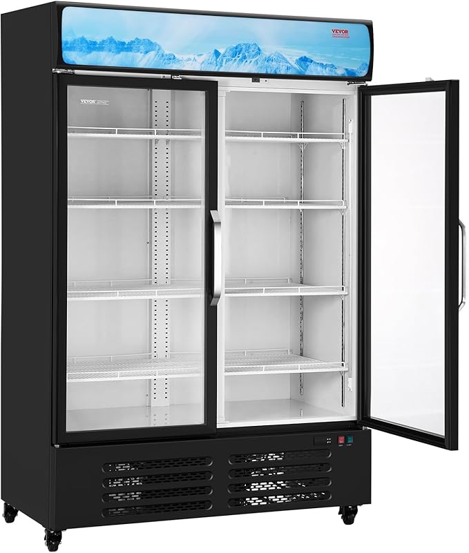 VEVOR Commercial Merchandiser Refrigerator, 36.27 CU.FT Upright Beverage Cooler, 2 Glass Door Display Refrigerator with 8 Adjustable Shelves, Soft LED Light, Customizable Lightbox, Casters, Black