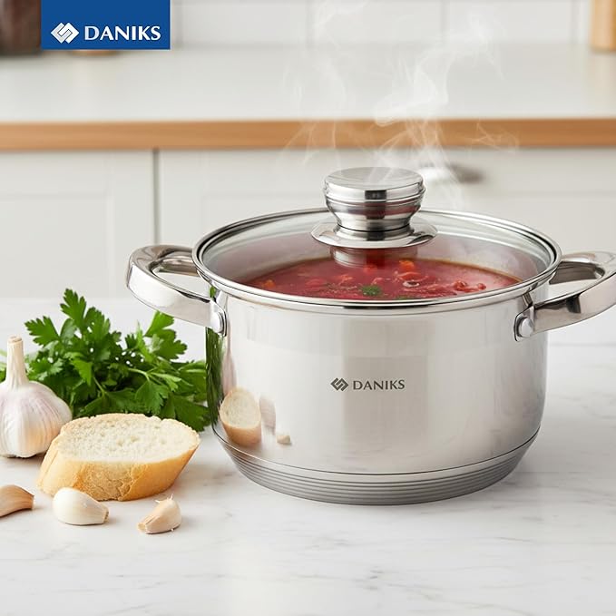 Daniks Standard 3 Quart Stainless Steel Stock Pot with Glass Lid, Try-Ply Bottom for Even Heating, Induction Compatible, Dishwasher Safe, Built-In Measuring Scale, Silver