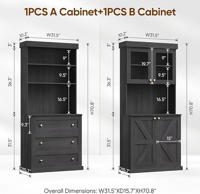 71" Tall Farmhouse Kitchen Pantry, Large Storage Cabinet with Glass Doors and Drawers, Freestanding Coffee Bar Hutch with Microwave Stand, Adjustable Shelves for Kitchen, Living Room, Black 2 Pcs