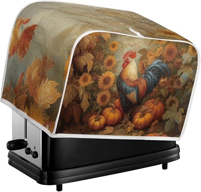 UNICEU Fall Toaster Cover 4 Slice Rooster Pumpkin Sunflower Print Stain Resistant Dust Proof Cover for Bread Maker Washable Kitchen Small Appliance Covers