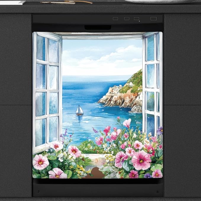 Dishwasher Magnet Cover Flower Ocean Beautiful Dishwasher Decorative Cover Front Dishwasher Door Cover Reuseable Dishwasher Cover Panel Decal for Kitchen Refrigerator Home Appliances 23" X 26"