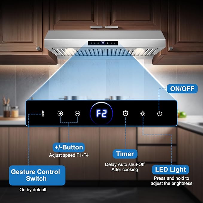 30 inch Range Hood Under Cabinet 1200 CFM with 4-Speed Gesture Sensing & Touch Control, Stainless Steel Kitchen Stove Vent Hoods with 2 LED Lights, Time Setting, Dishwasher-Safe Baffle Filters
