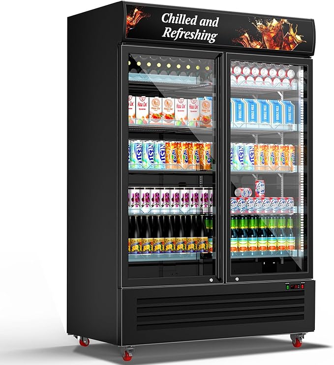 Tylza Commercial Refrigerator, Double Glass Door Display Beverage Fridge, 26.49 Cu Ft Upright Beverage Cooler Merchandiser with Replaceable Advertising Light Board, Rebound Door, Fast Cooling, Black