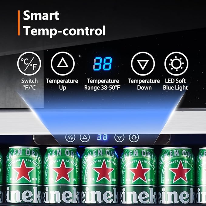 24 Inch Under Counter Beverage Fridge -Max 164Cans Capacity Drink cooler,Wide 24''Perfectly for Built in Space, Adjustable shelves for any size beverage/beer/soda Transparent door Refrigerator