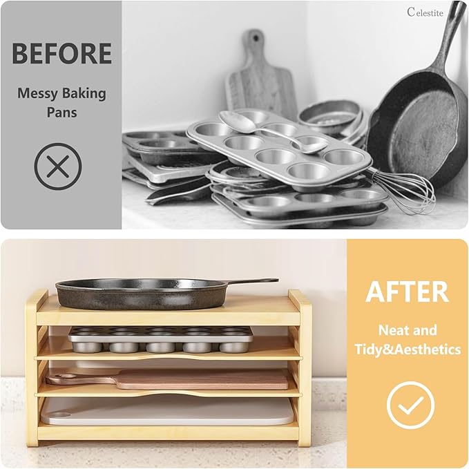 celestite Wooden Tray Dividers for Cabinets, Cookie Sheet Organizer for Cabinet, Baking Sheet Pan Organizer for Kitchen Organizers and Storage (4 Tier 12.4" Wx8.9 Hx16.7 D)