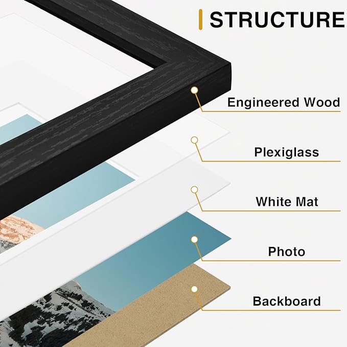 Vittanly 10 Pack Picture Frames Collage Wall Decor, Gallery Wall Frame Set for Wall or Tabletop Display, Engineered Wood and Shatter-resistant Plexiglass, Multi Sizes with 8x10, 5x7, 4x6 Frames, Black