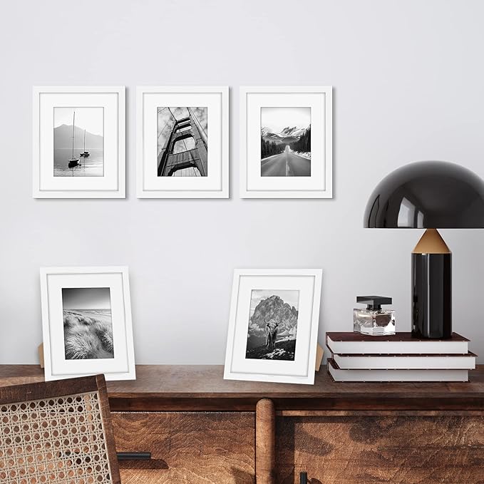 Americanflat 8x10 Picture Frame with Polished Plexiglass - Set of 5 - Use as 5x7 Frame with Mat or Display 8x10 Photo Without Mat - Galleria Collection - Picture Frames for Tabletop and Wall - White